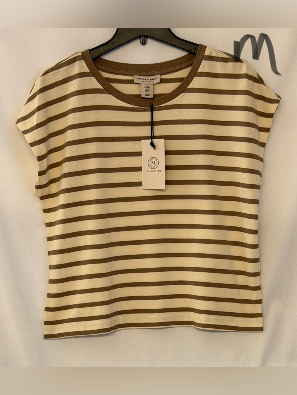 Martha Stewart Cream & Brown Striped Cap-Sleeve Tee